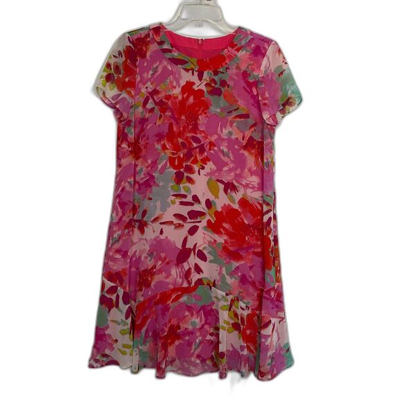 Eliza J Pink and Orange Floral Water Color Short Sleeve Shift Dress Size 6 - Picture 8 of 12
